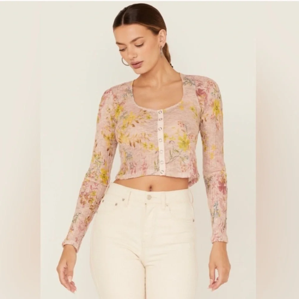 Free People Angelina Floral Long Sleeve Top in Light Combo Retail $78